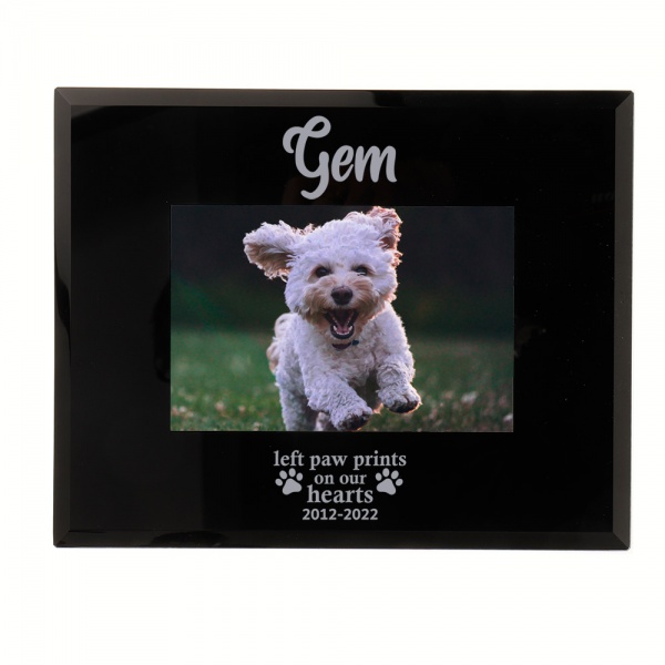 Personalised Left Paw Prints On Our Hearts photo frame 6x4'' or 7x5'' Black Glass Pet Memorial Frame