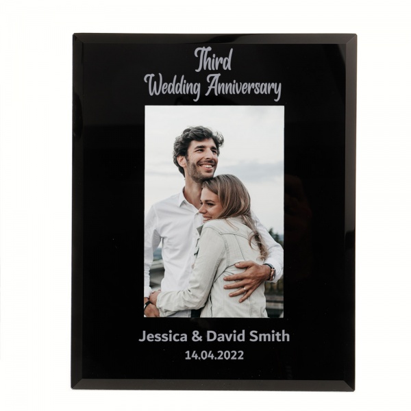 Personalised Third Wedding Anniversary Photo Frame 6x4'' or 7x5'' 3rd Wedding Anniversary Black Glass Frame