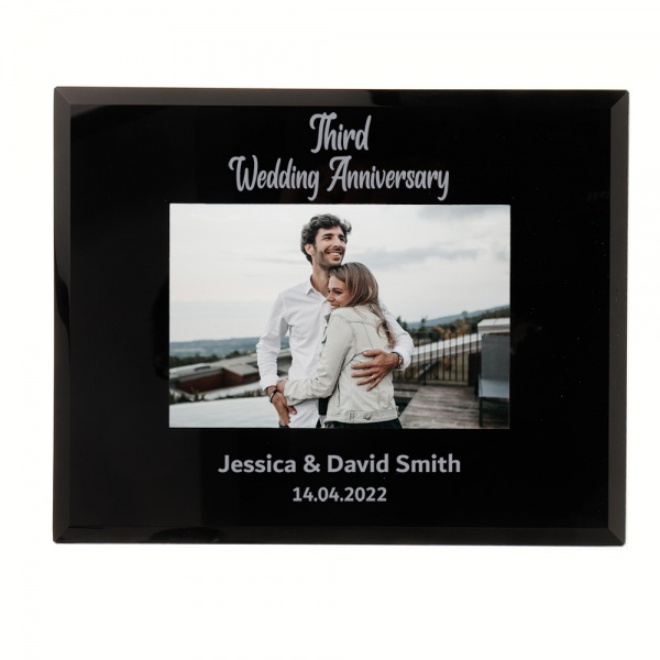 Personalised Third Wedding Anniversary Photo Frame 6x4'' or 7x5'' 3rd Wedding Anniversary Black Glass Frame