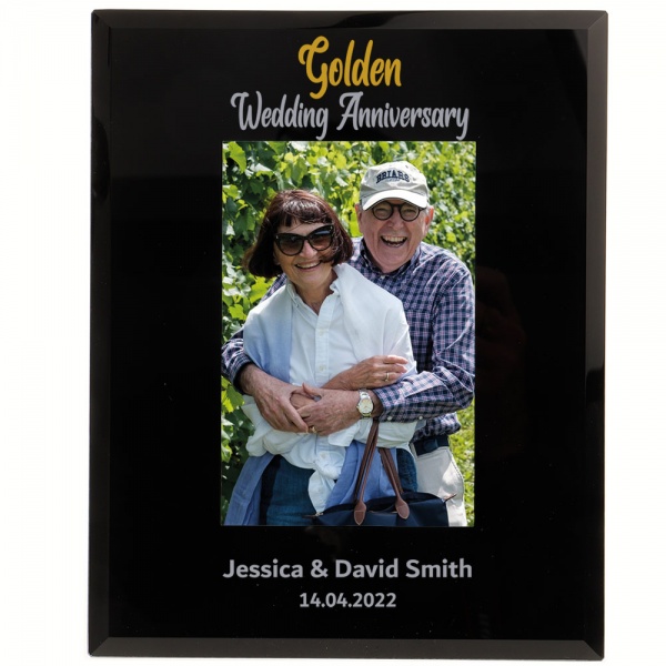 Personalised Golden Wedding Anniversary Photo Frame 6x4'' Or 7x5'' Black Glass Frame