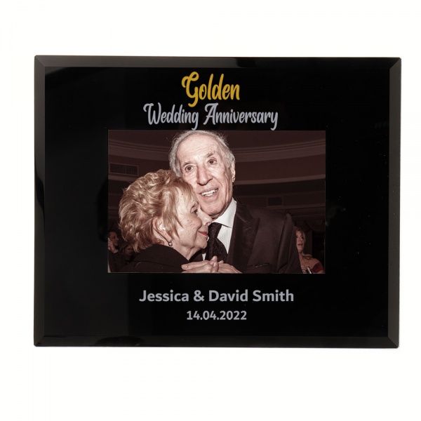 Personalised Golden Wedding Anniversary Photo Frame 6x4'' Or 7x5'' Black Glass Frame