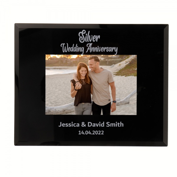 Personalised 25th Silver Wedding Anniversary Photo Frame 6x4'' or 7x5'' Black Glass Frame