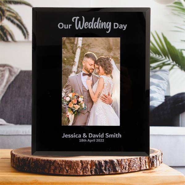 Personalised Wedding Day Photo Frame 6x4'' 7x5'' Black Glass