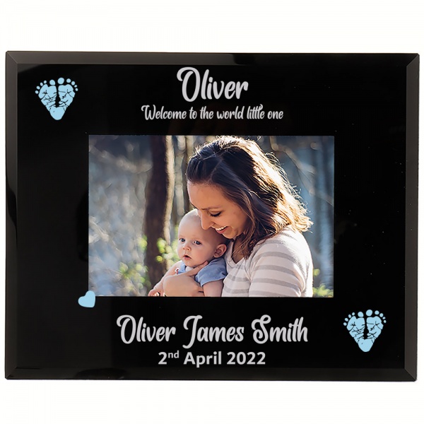 Personalised Baby Boy Photo Frame Gift Blue Baby footprint in 6x4'' and 7x5'' Black Glass