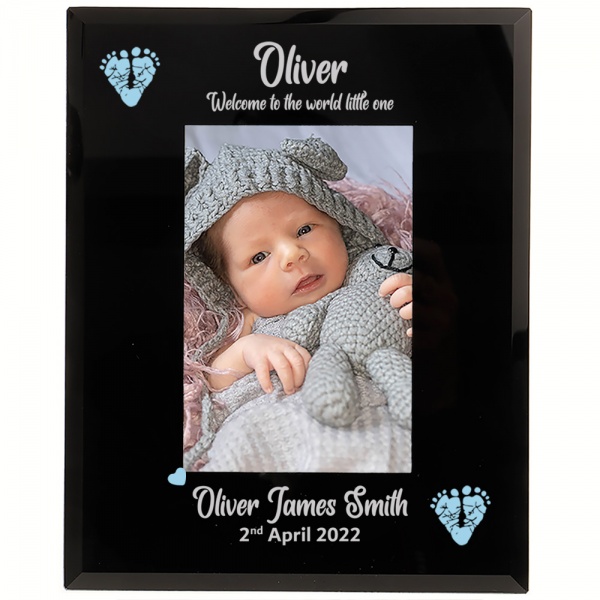 Personalised Baby Boy Photo Frame Gift Blue Baby footprint in 6x4'' and 7x5'' Black Glass