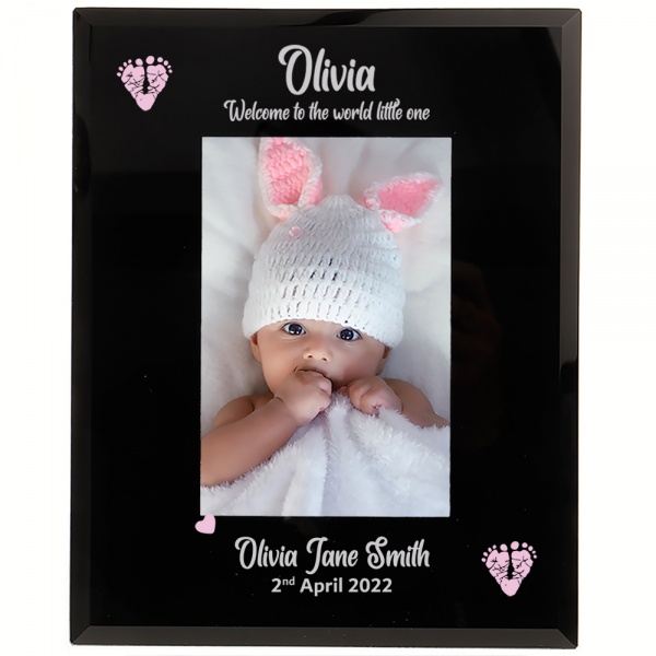 Personalised Baby Girl Photo Frame With Pink footprints 6x4'' or 7x5'' Black Glass