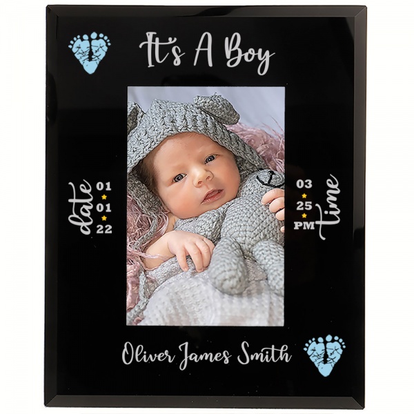 Personalised Baby Photo Frame It's a Boy Picture Frame in 6x4'' and 7x5'' Black Glass New Baby Gift