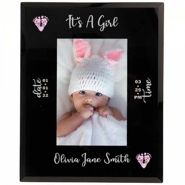 Personalised Baby Girl photo frame It's A Girl Frame in 6x4'' and 7x5'' Black Glass