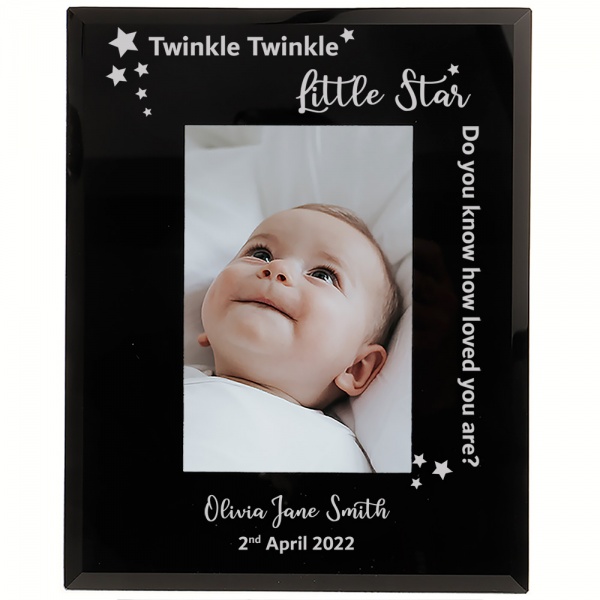 Personalised New Baby Photo Frame Twinkle Twinkle Little Star 6x4'' or 7x5'' Black Glass