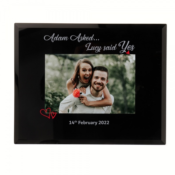 Personalised Engagement Photo frame Asked Said Yes 6x4'' or 7x5'' Black Glass