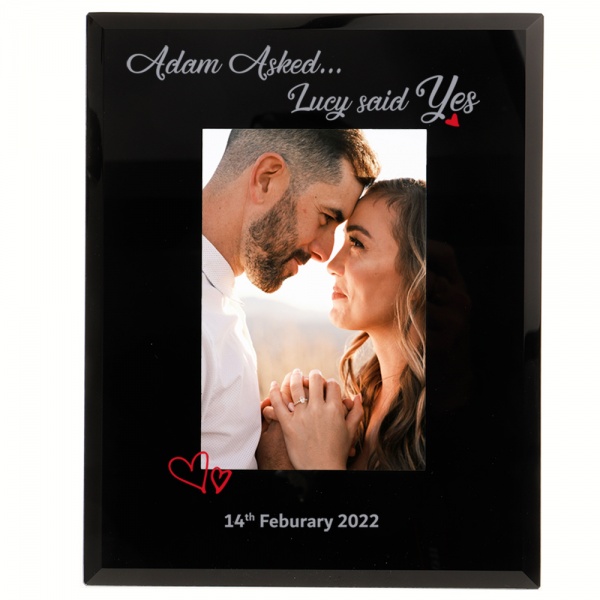 Personalised Engagement Photo frame Asked Said Yes 6x4'' or 7x5'' Black Glass