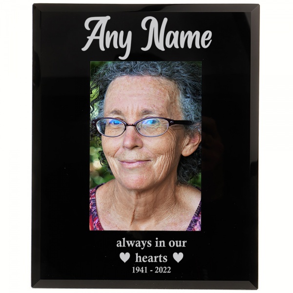 Personalised Always In Our Hearts Photo Frame 6x4'' or 7x5'' Black Glass Frame Memorial Photo Frame