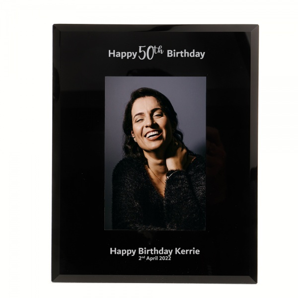 Personalised 50th Birthday Gift Happy 50th Birthday photo frame 6x4'' or 7x5'' Black Glass