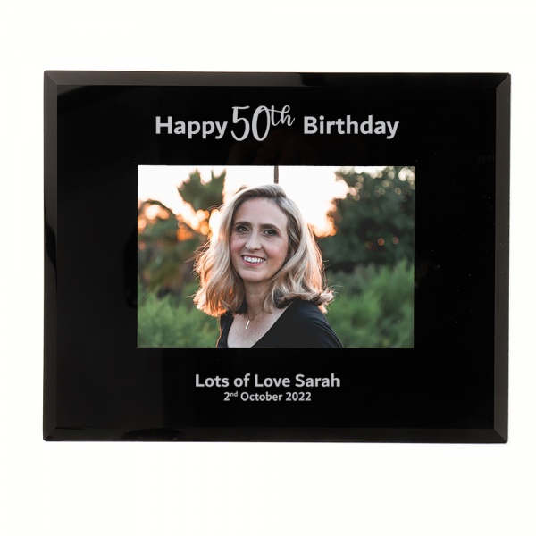 Personalised 50th Birthday Gift Happy 50th Birthday photo frame 6x4'' or 7x5'' Black Glass