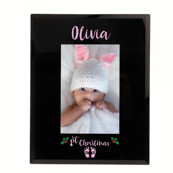 Personalised 1st Christmas Photo Frame 6X4'' OR 7X5'' Blue or Pink design on Black Glass Frame