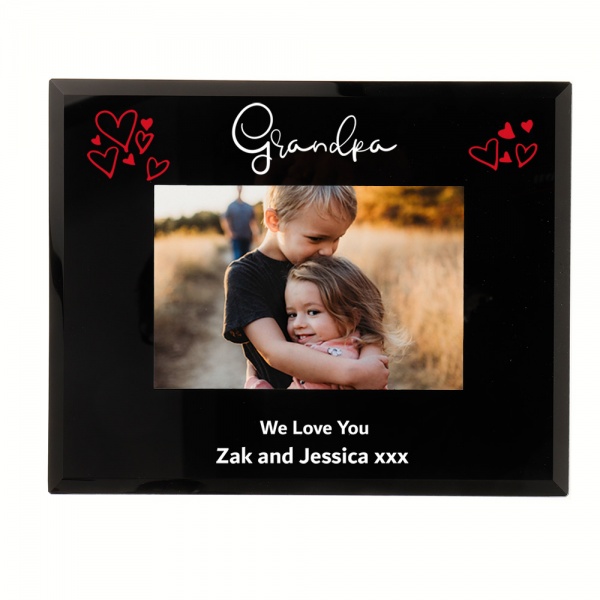 Personalised Grandpa Photo Frame with hand drawn hearts 6x4'' or 7x5'' Black Glass