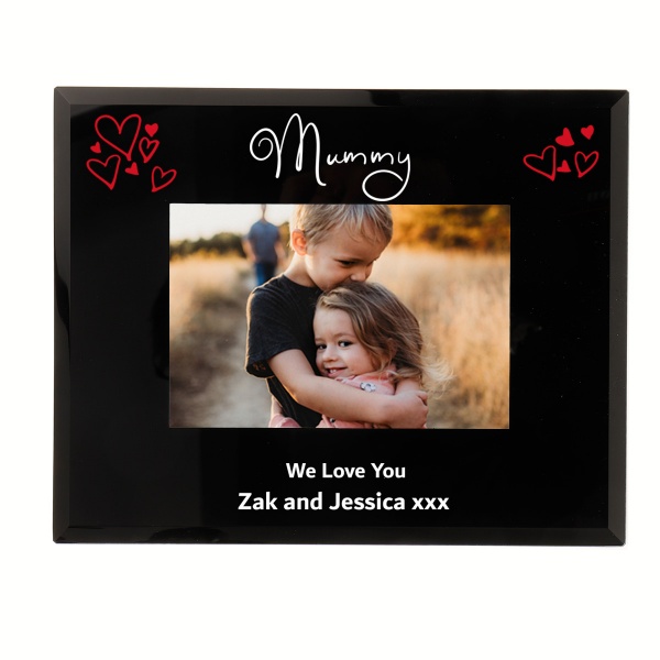 Personalised Mummy Photo Frame hand drawn hearts 6x4 or 7x5 Black Glass