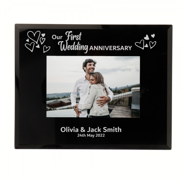 Personalised First Wedding Anniversary Gift 1st Wedding Anniversary Photo Frame 6x4'' or 7x5'' Black Glass