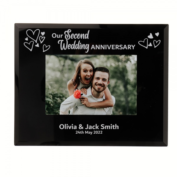 Personalised Our Second Wedding Anniversary Photo Frame 6x4'' or 7x5'' Black Glass