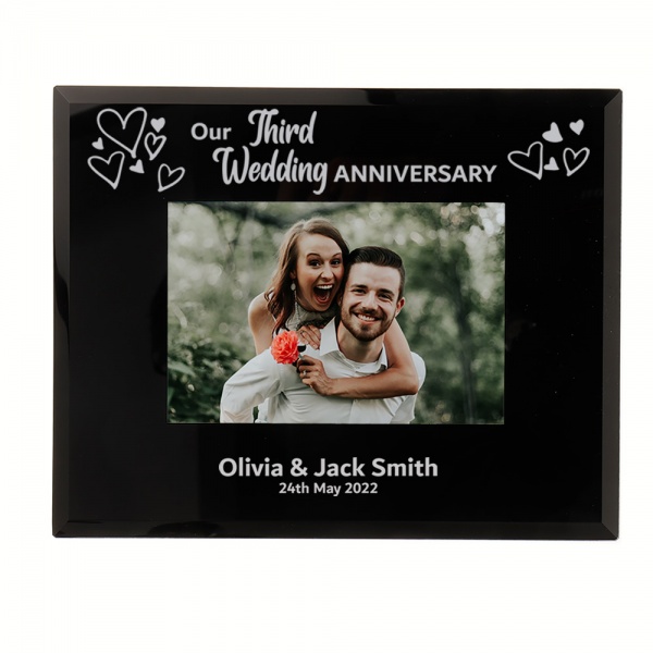 Personalised Our Third Wedding Anniversary Photo Frame 6x4'' or 7x5'' Black Glass