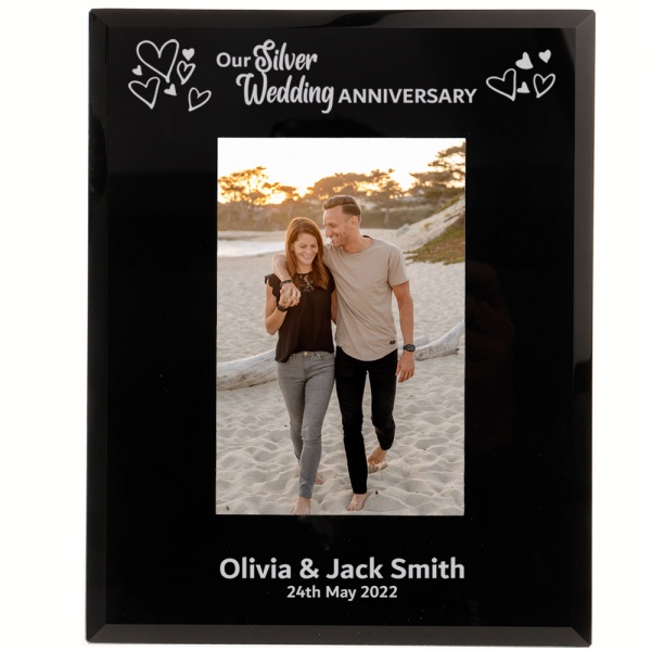 Personalised 25th Wedding Anniversary Gift Silver Wedding Anniversary Photo Frame 6x4'' or 7x5'' Black Glass