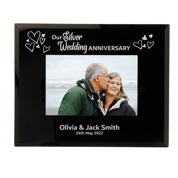 Personalised 25th Wedding Anniversary Gift Silver Wedding Anniversary Photo Frame 6x4'' or 7x5'' Black Glass