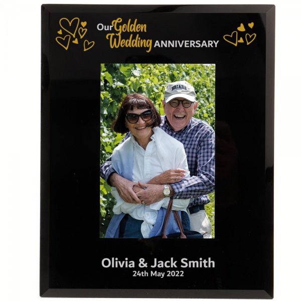 Personalised 50th Wedding Anniversary Gift Golden Wedding Anniversary Photo Frame 6x4'' or 7x5'' in Black Glass