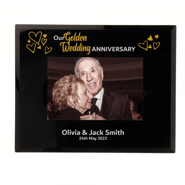 Personalised 50th Wedding Anniversary Gift Golden Wedding Anniversary Photo Frame 6x4'' or 7x5'' in Black Glass