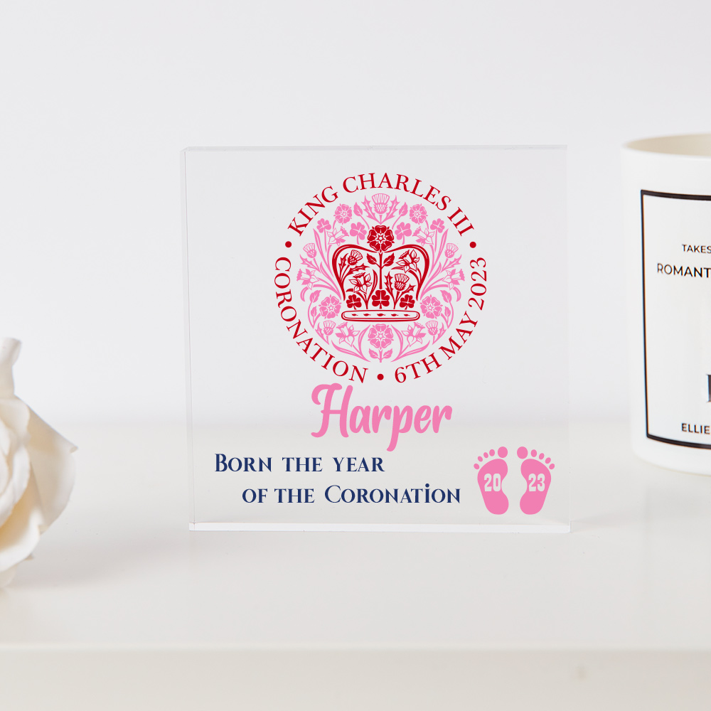 Personalised New Baby Acrylic Block King Charles Coronation 2023 Gift For New Baby in Red, Pink, Blue