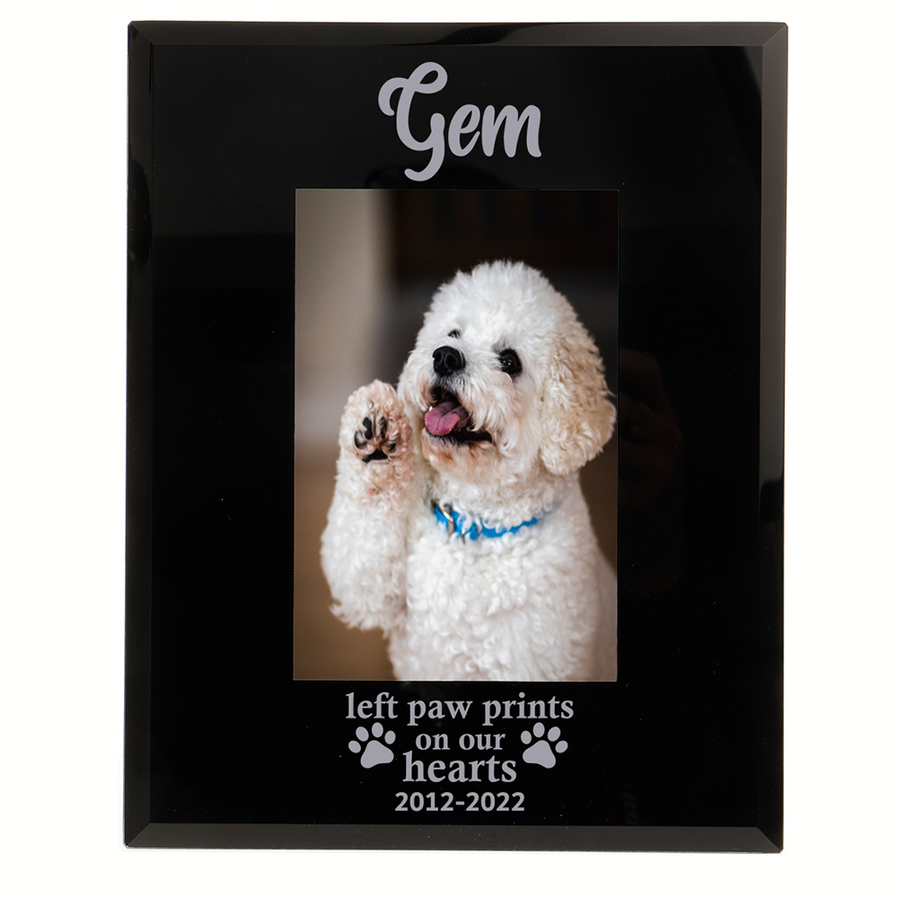 Personalised Left Paw Prints On Our Hearts photo frame 6x4'' or 7x5'' Black Glass Pet Memorial Frame