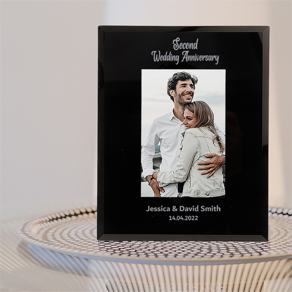 Personalised 2nd Wedding Anniversary Photo Frame 6x4'' 7x5'' Black Glass Frame