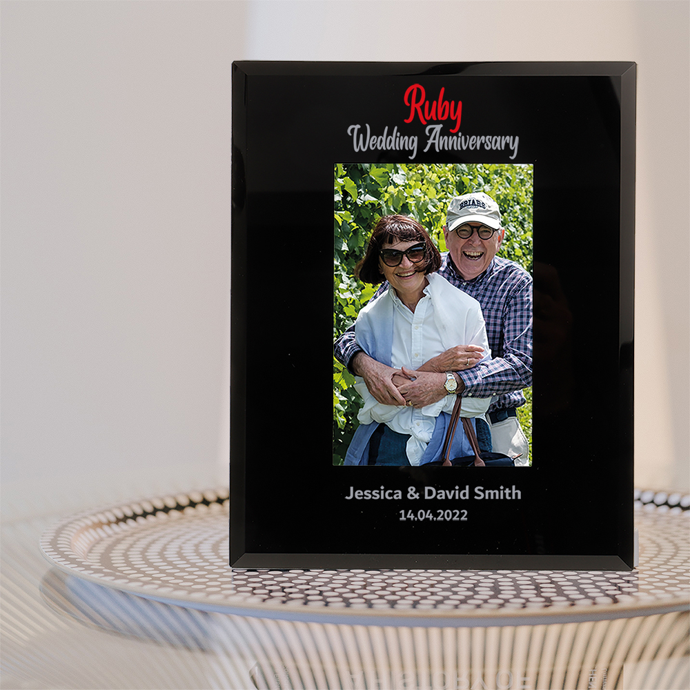 Personalised Ruby 40th Wedding Anniversary Photo Frame in 6x4'' or 7x5'' Black Glass frame