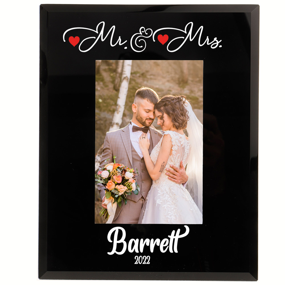 Personalised Mr And Mrs photo frame (also Mr & Mr or Mrs & Mrs) 6x4'' or 7x5'' Black Glass