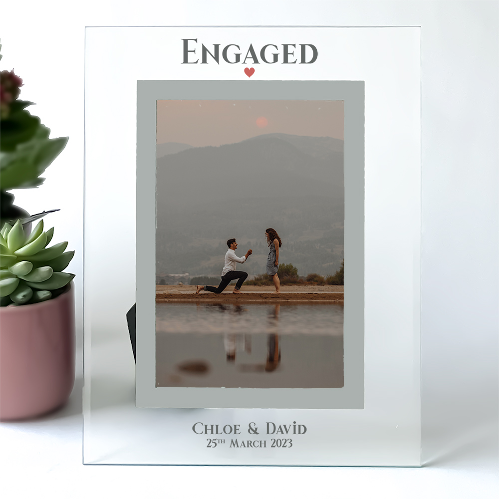 Personalised Engagement Photo frame 6x4'' or 7x5'' Clear & Silver Bevelled Glass Frame