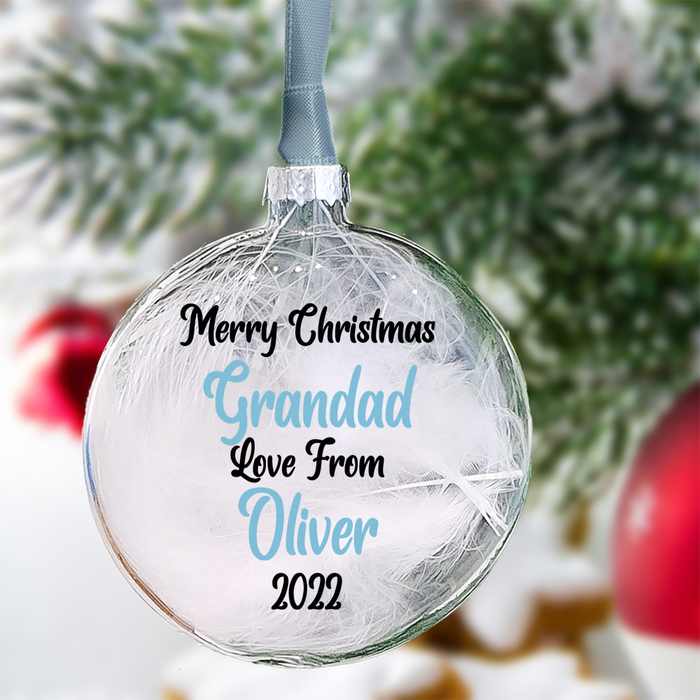 Personalised Merry Christmas Glass Bauble In 10 Colours filled with white feather or Crystals