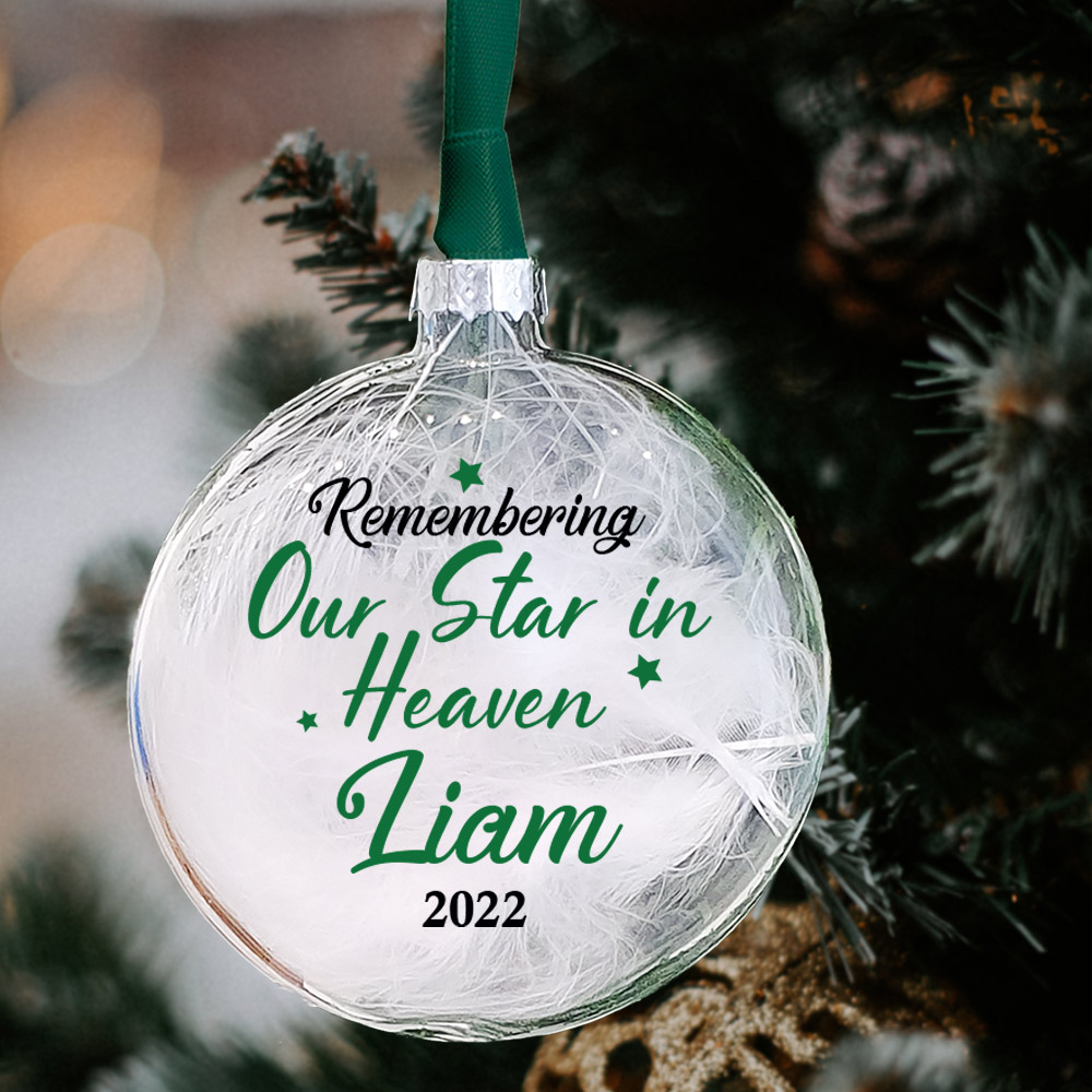 Personalised Memorial Bauble Remembering Our Star in Heaven 8cm Glass Bauble in 10 Colours filled with White feather or Crystal