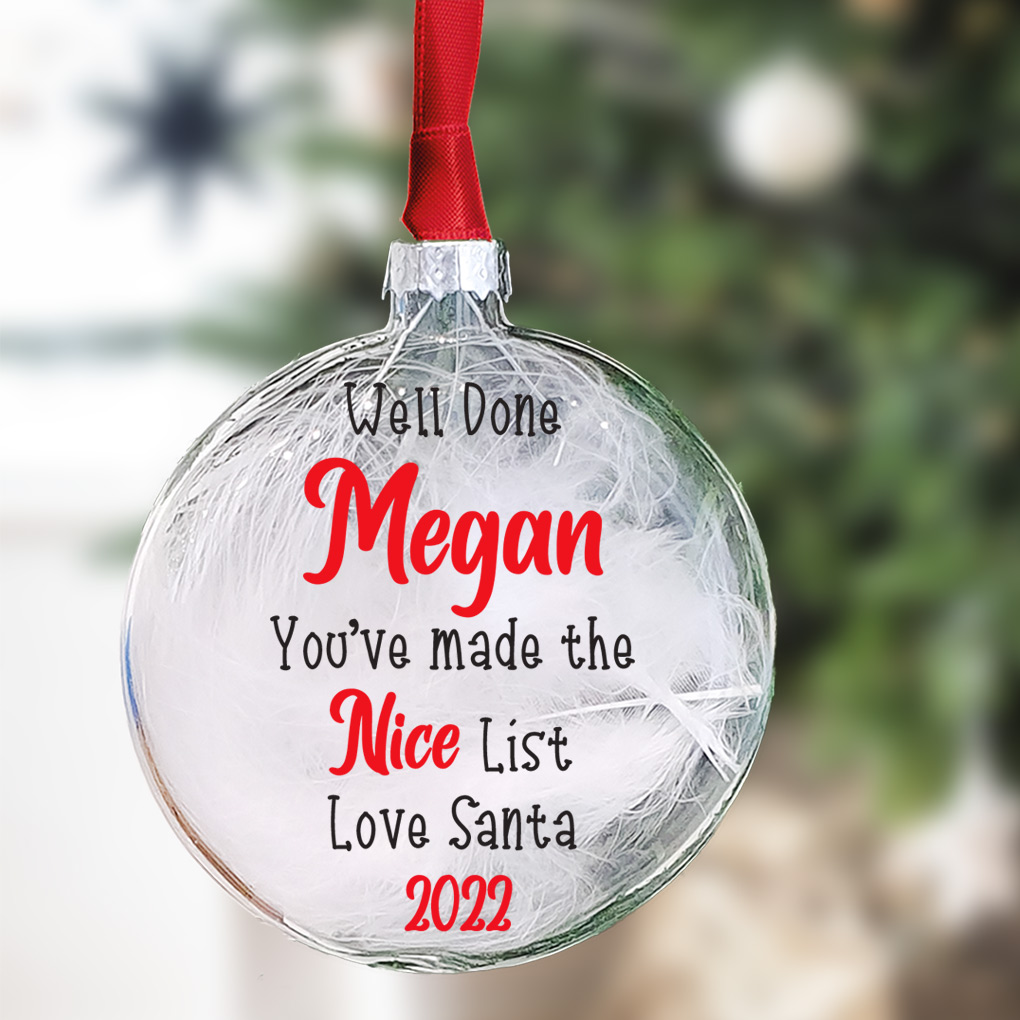 Personalised Santa's Nice List Bauble 8cm Glass Bauble in with 2 fillings