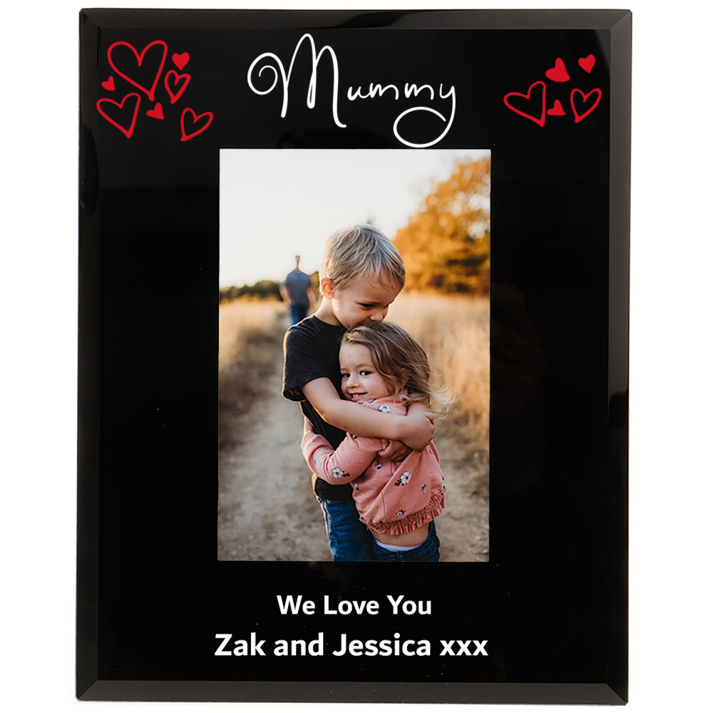 Personalised Mummy Photo Frame hand drawn hearts 6x4 or 7x5 Black Glass