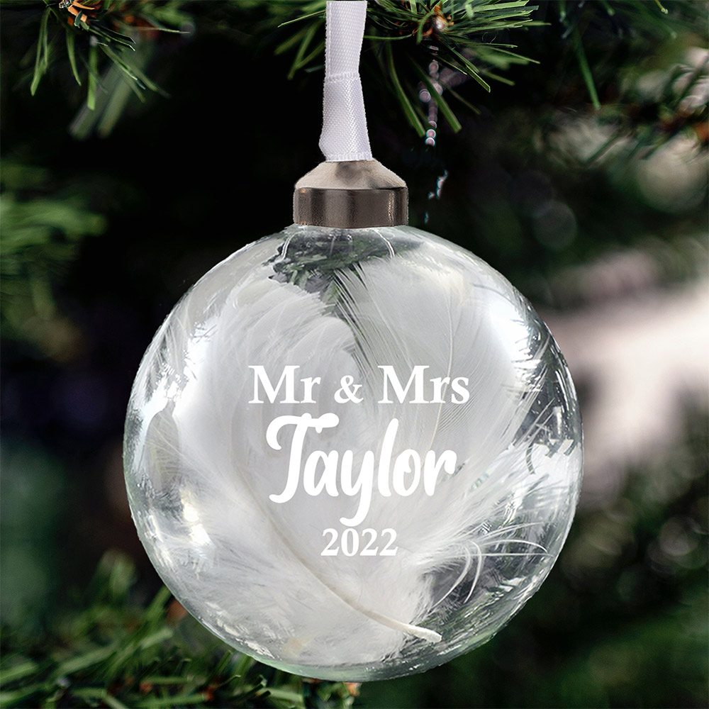 Personalised Mr and Mrs Glass Bauble in 10 Colours