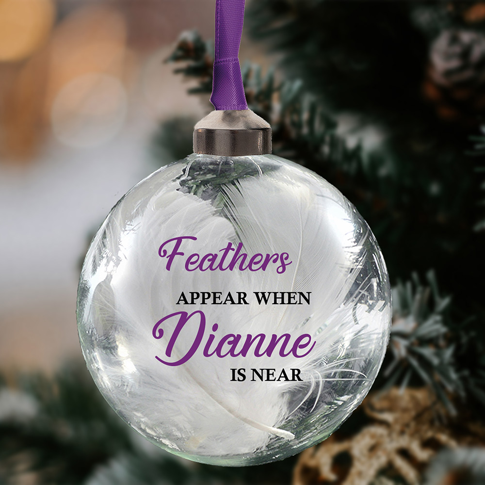 Personalised Memorial Glass Bauble Feathers Appear in 11 colours