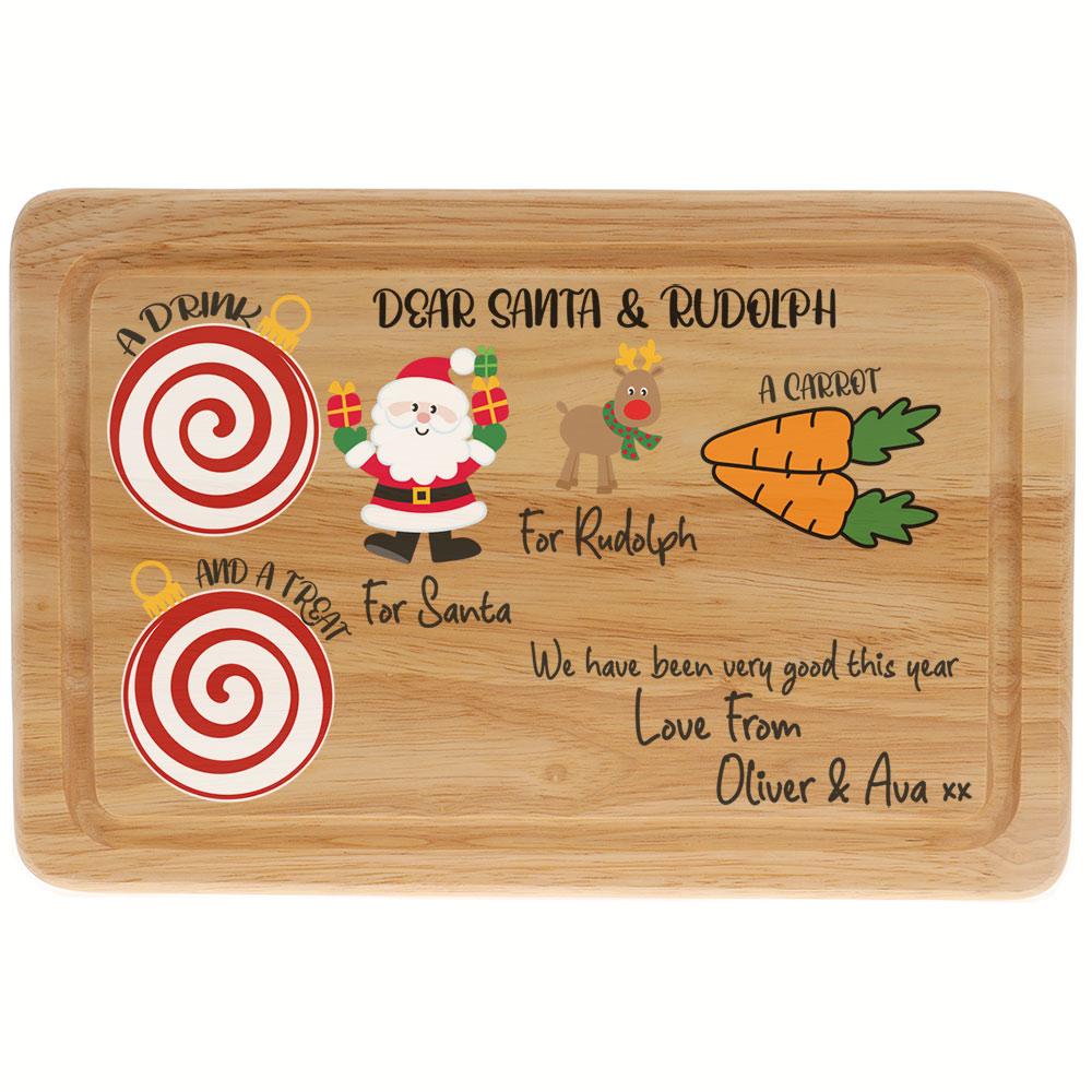 Personalised Christmas Eve Treat Plate Father Christmas Treat Board Solid Wood Platter Candy Bauble Design