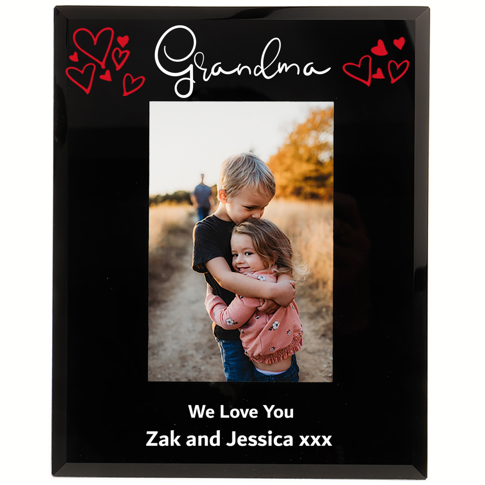 Personalised Grandma Photo Frame with hand drawn hearts 6x4'' or 7x5'' Black Glass