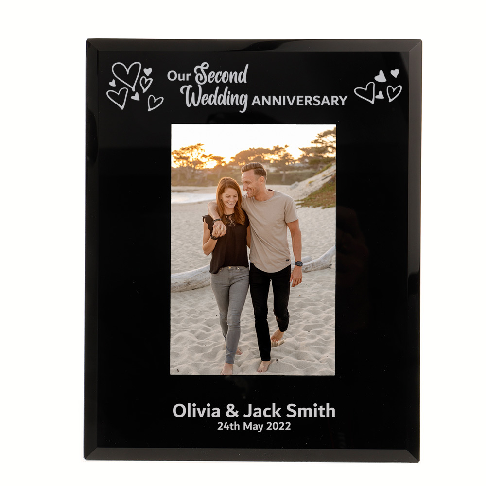 Personalised Our Second Wedding Anniversary Photo Frame 6x4'' or 7x5'' Black Glass