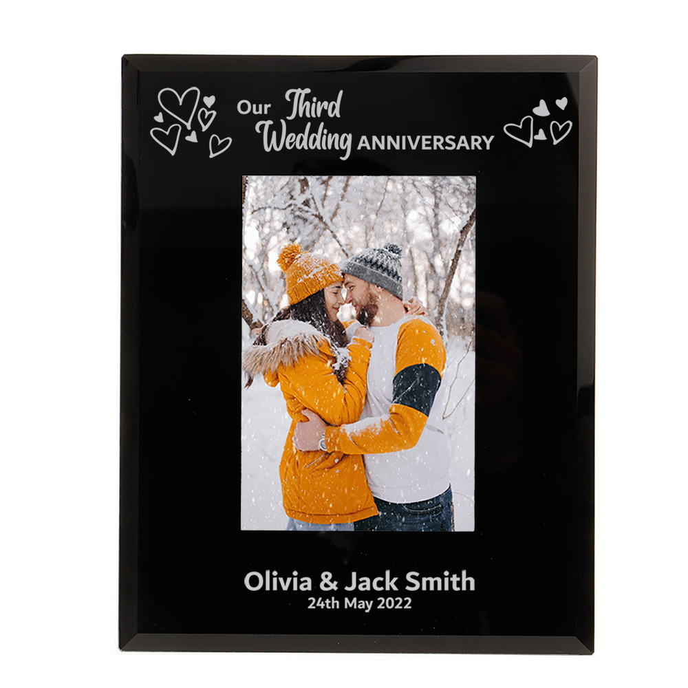 Personalised Our Third Wedding Anniversary Photo Frame 6x4'' or 7x5'' Black Glass