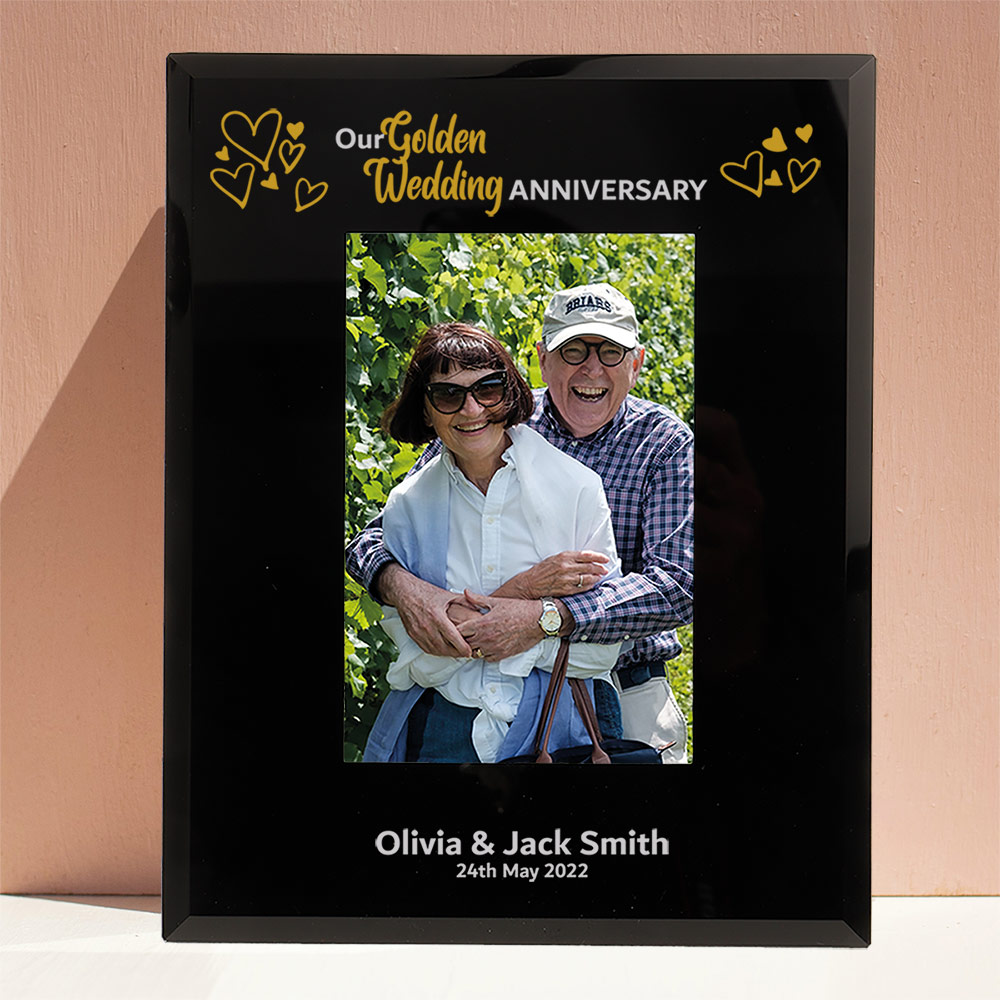 Personalised 50th Wedding Anniversary Gift Golden Wedding Anniversary Photo Frame 6x4'' or 7x5'' in Black Glass