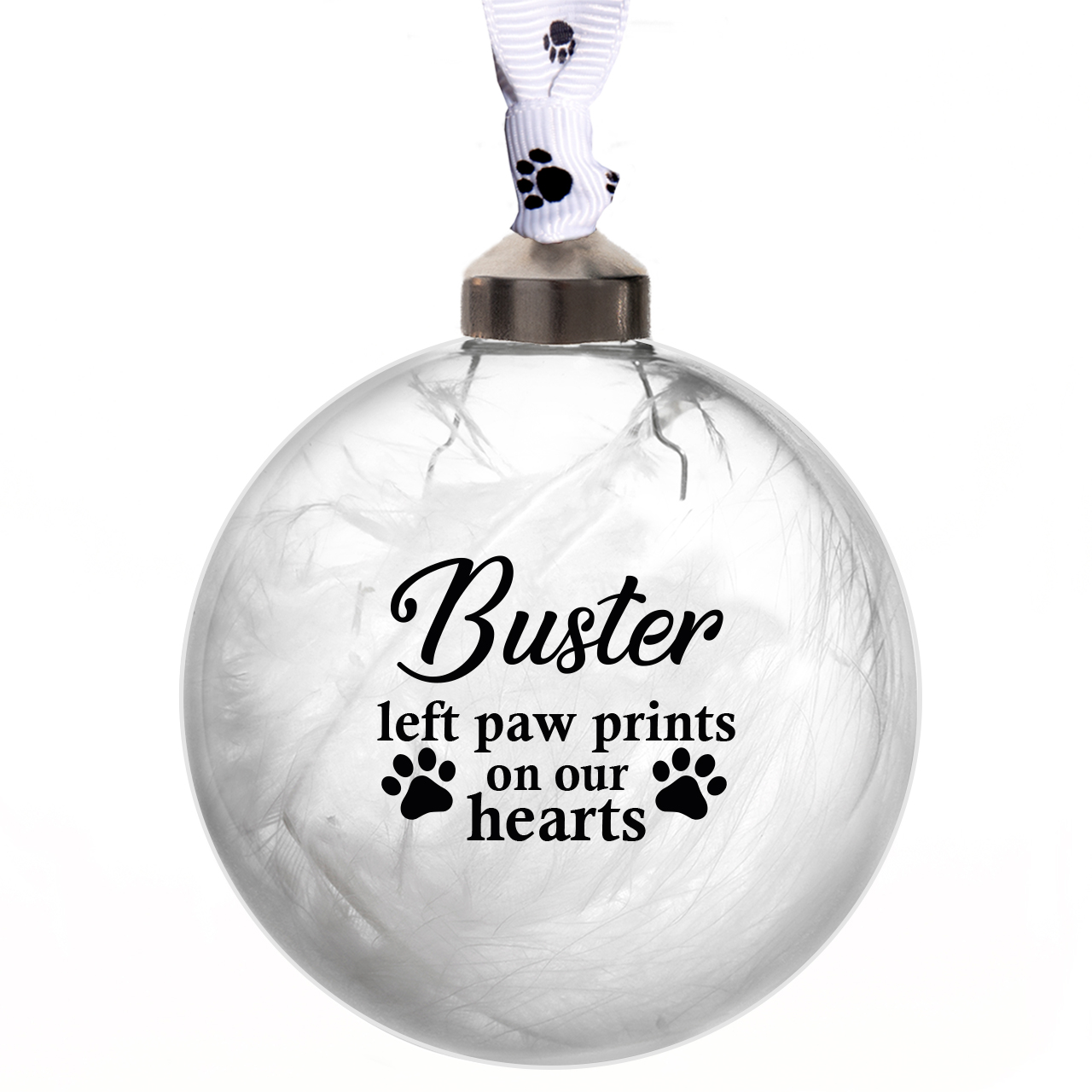 Personalised Pet Memorial Glass Bauble Left Paw Prints On Our Hearts in 11 colours