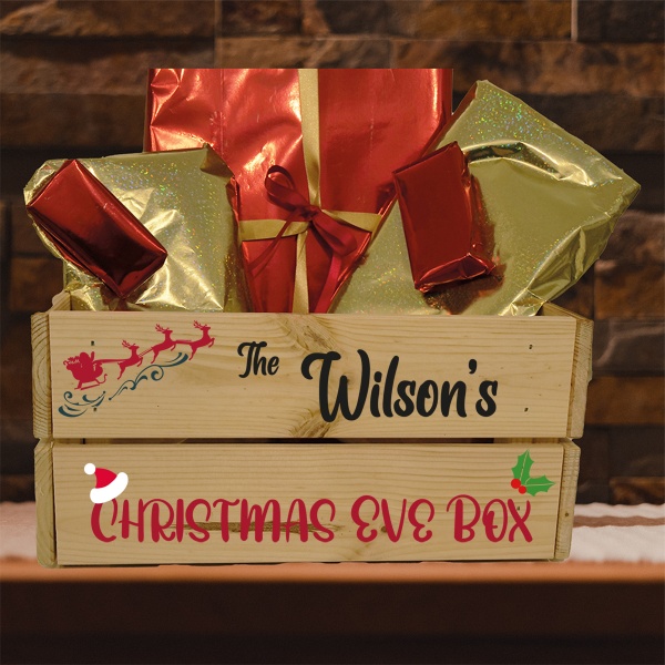 Personalised Christmas Eve Wooden Crate Box Any Name or Family Name Personalised Box